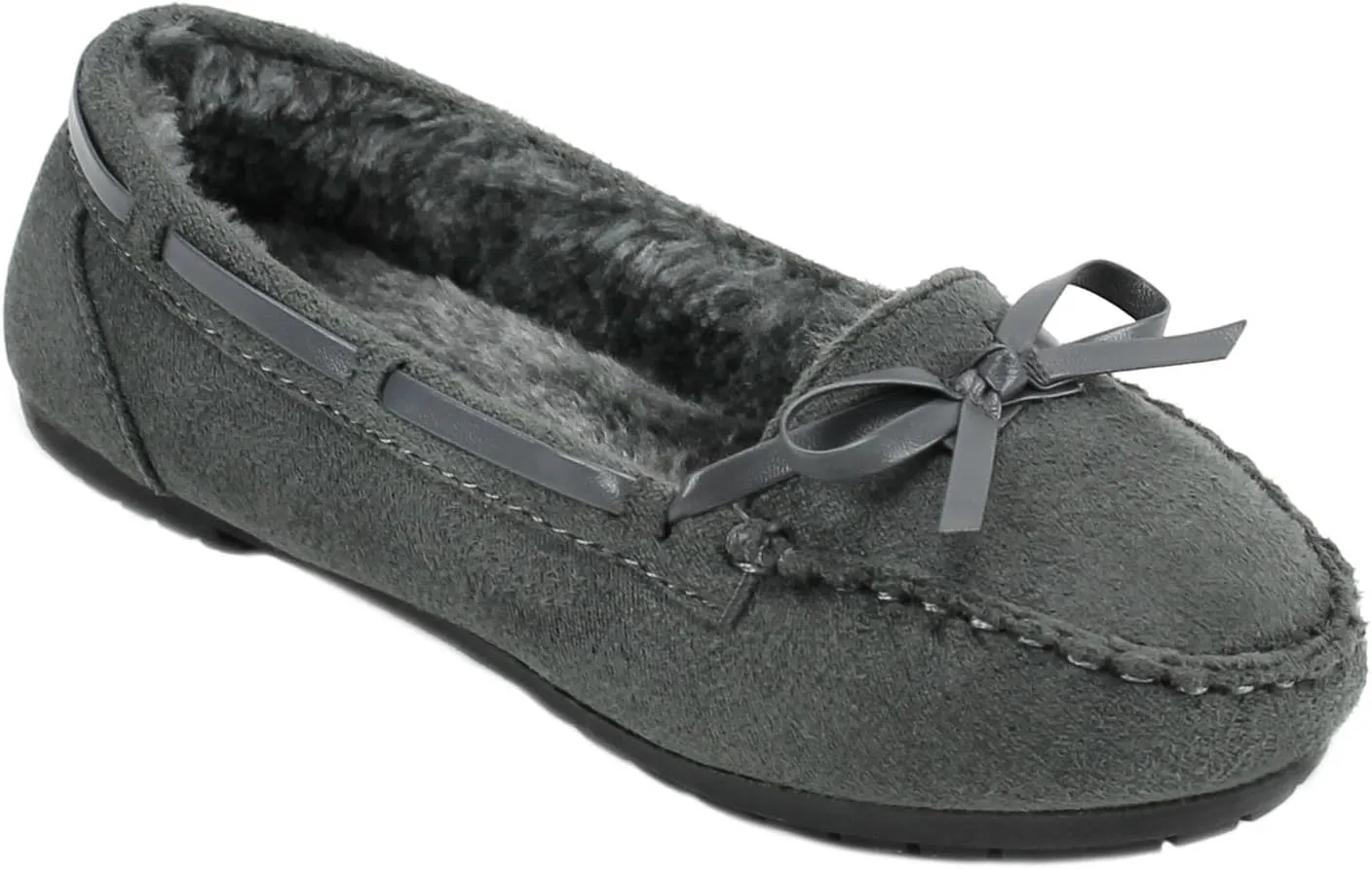AMY Girls Moccasins Slip On Indoor Outdoor Fur Loafer Shoes Slippers (10, Gray)