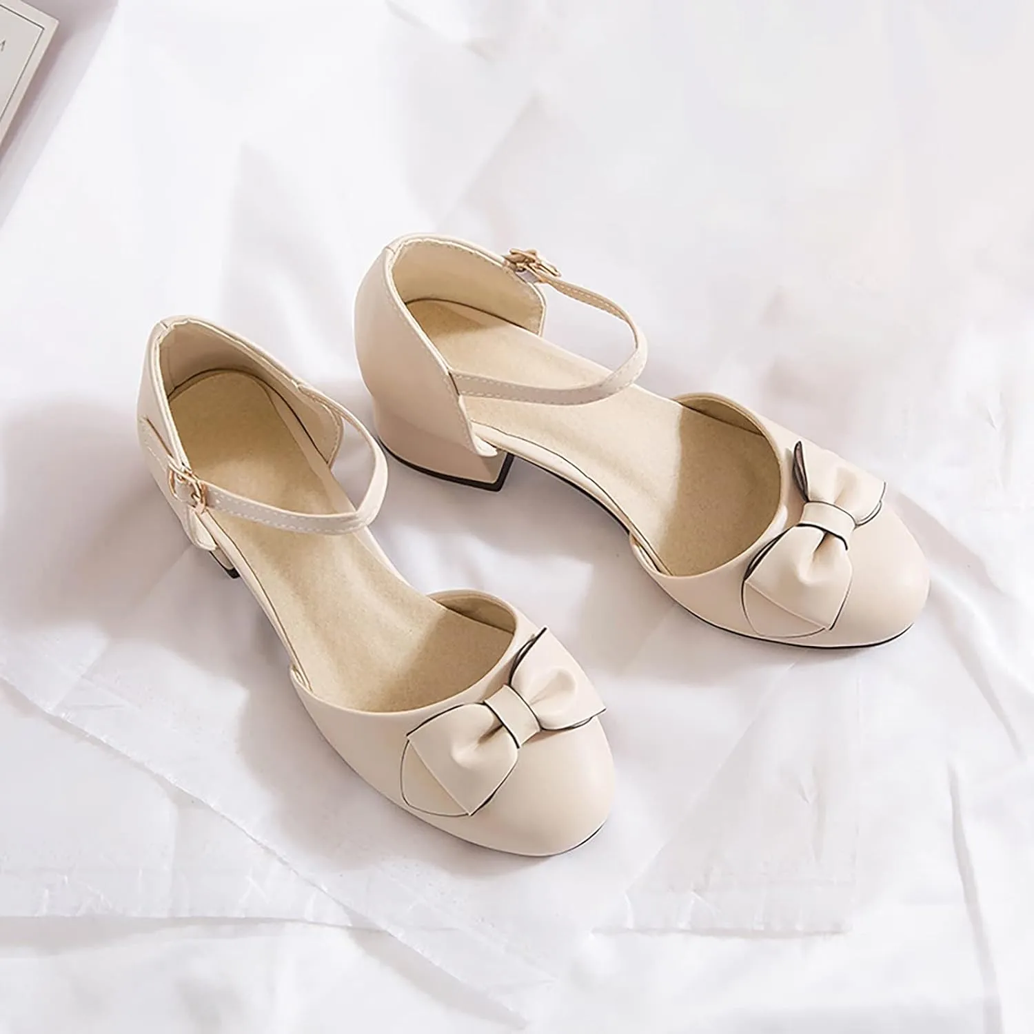Big Kids Girls Closed Toe Low Heel Dress Shoes Bowknot Ankle Strap Pumps Girls Ballet Wedding Party Sandals