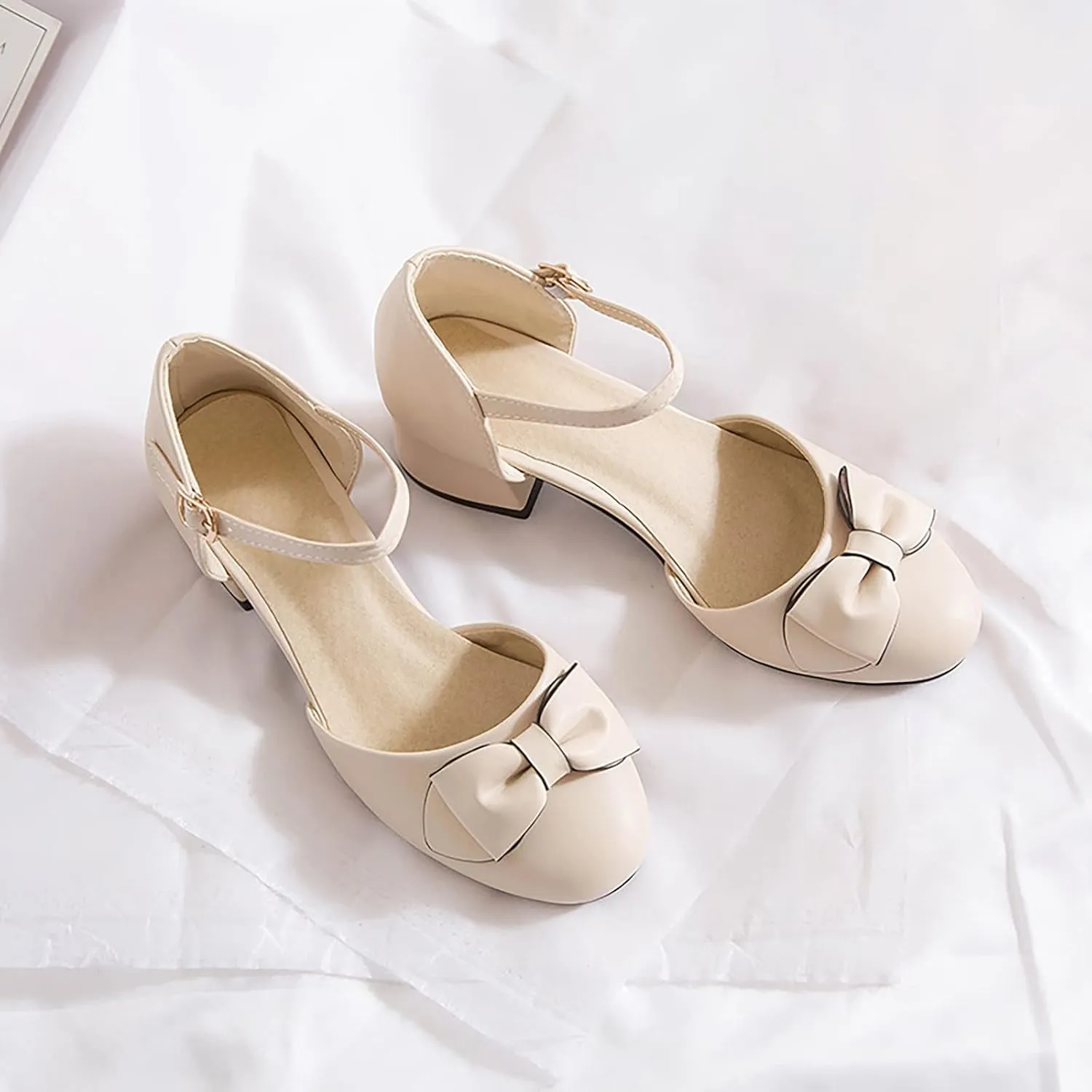 Big Kids Girls Closed Toe Low Heel Dress Shoes Bowknot Ankle Strap Pumps Girls Ballet Wedding Party Sandals