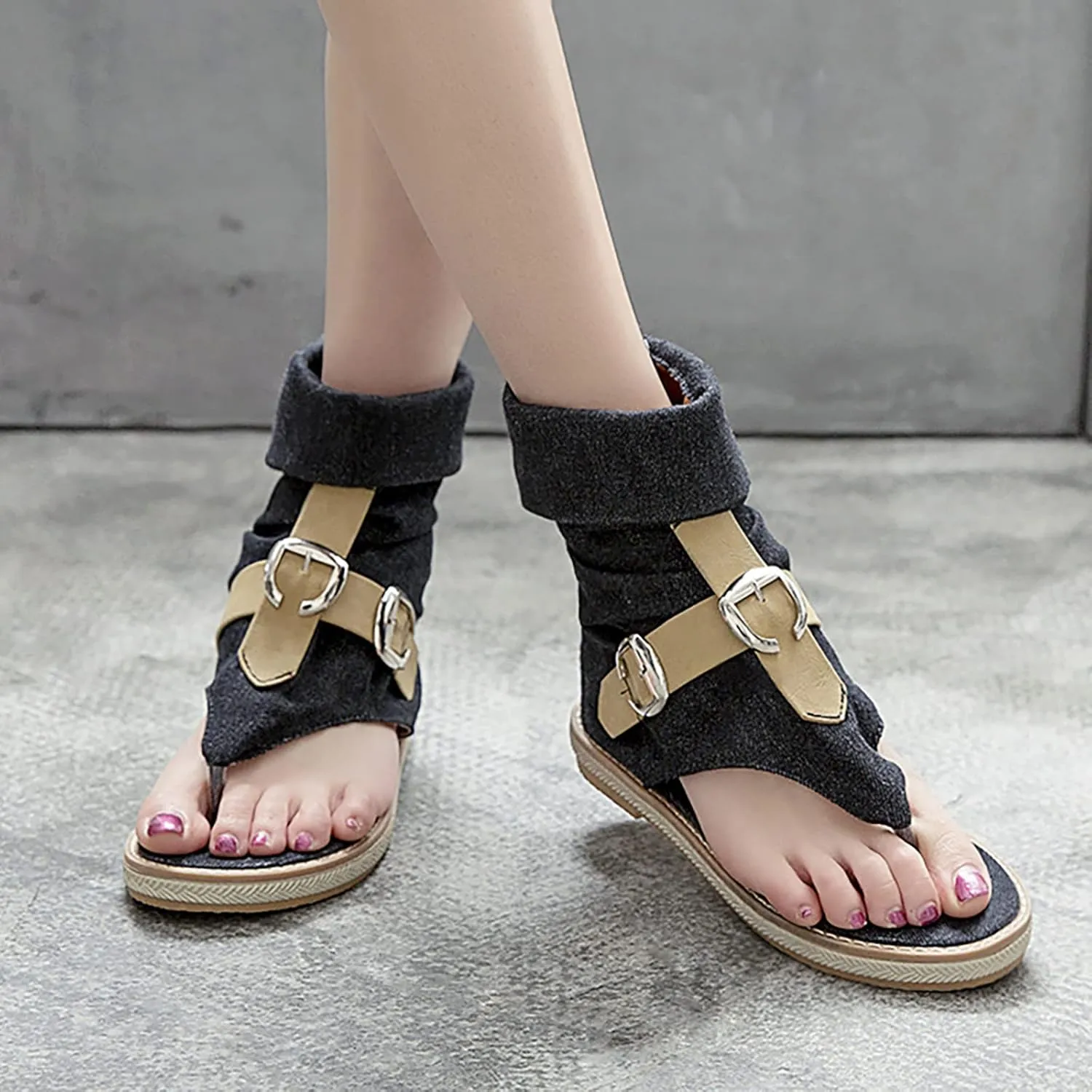 Foreign Trade Crossborder Sandals Denim Leather Belt Buckle Color Contrast Clip Toe Women's Women's Water Sandals