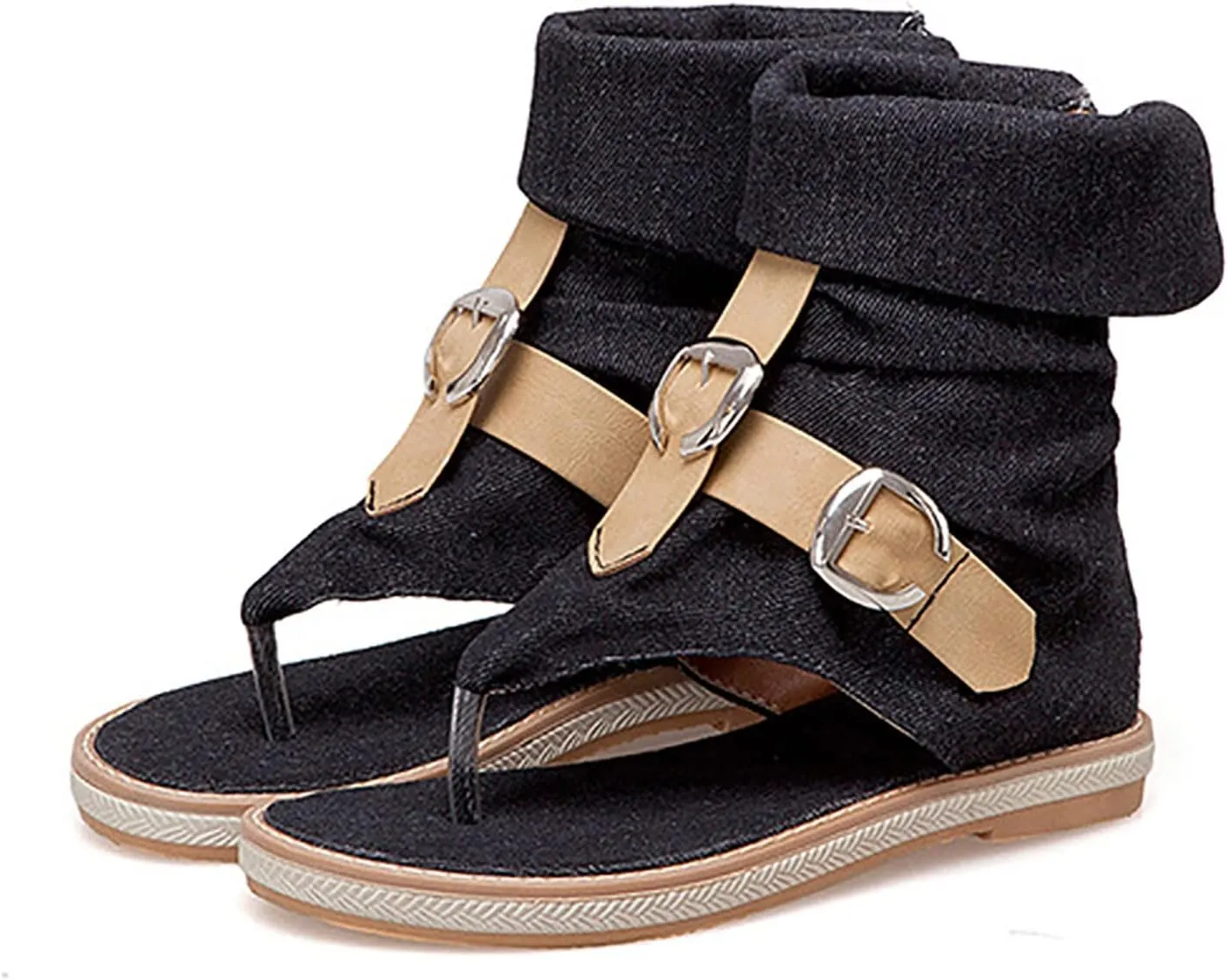 Foreign Trade Crossborder Sandals Denim Leather Belt Buckle Color Contrast Clip Toe Women's Women's Water Sandals