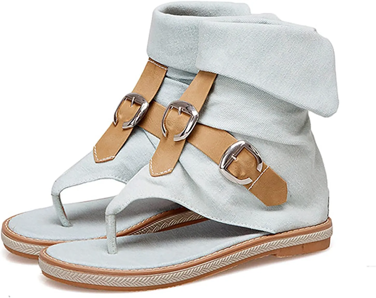 Foreign Trade Crossborder Sandals Denim Leather Belt Buckle Color Contrast Clip Toe Women's Women's Water Sandals