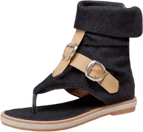 Foreign Trade Crossborder Sandals Denim Leather Belt Buckle Color Contrast Clip Toe Women's Women's Water Sandals