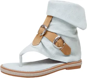 Foreign Trade Crossborder Sandals Denim Leather Belt Buckle Color Contrast Clip Toe Women's Women's Water Sandals