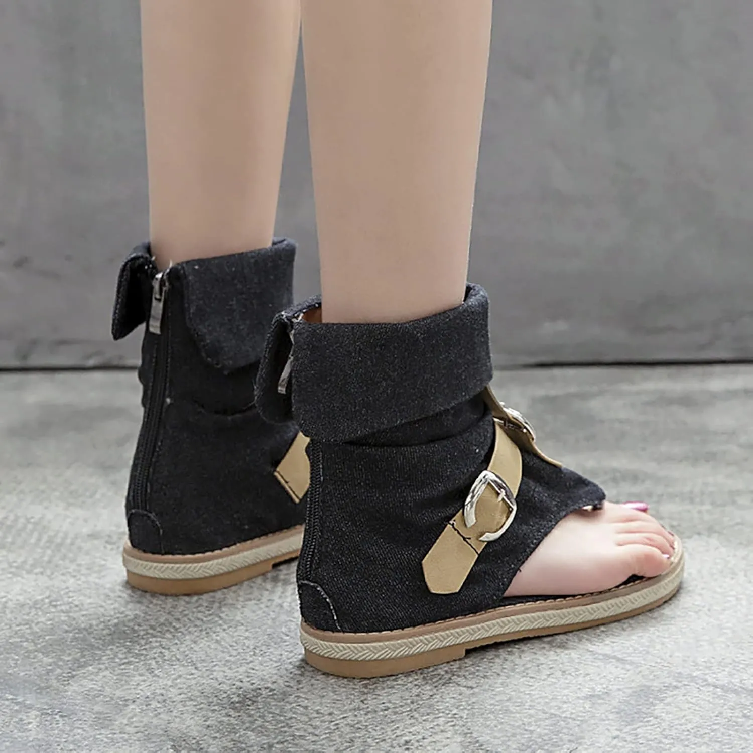 Foreign Trade Crossborder Sandals Denim Leather Belt Buckle Color Contrast Clip Toe Women's Women's Water Sandals