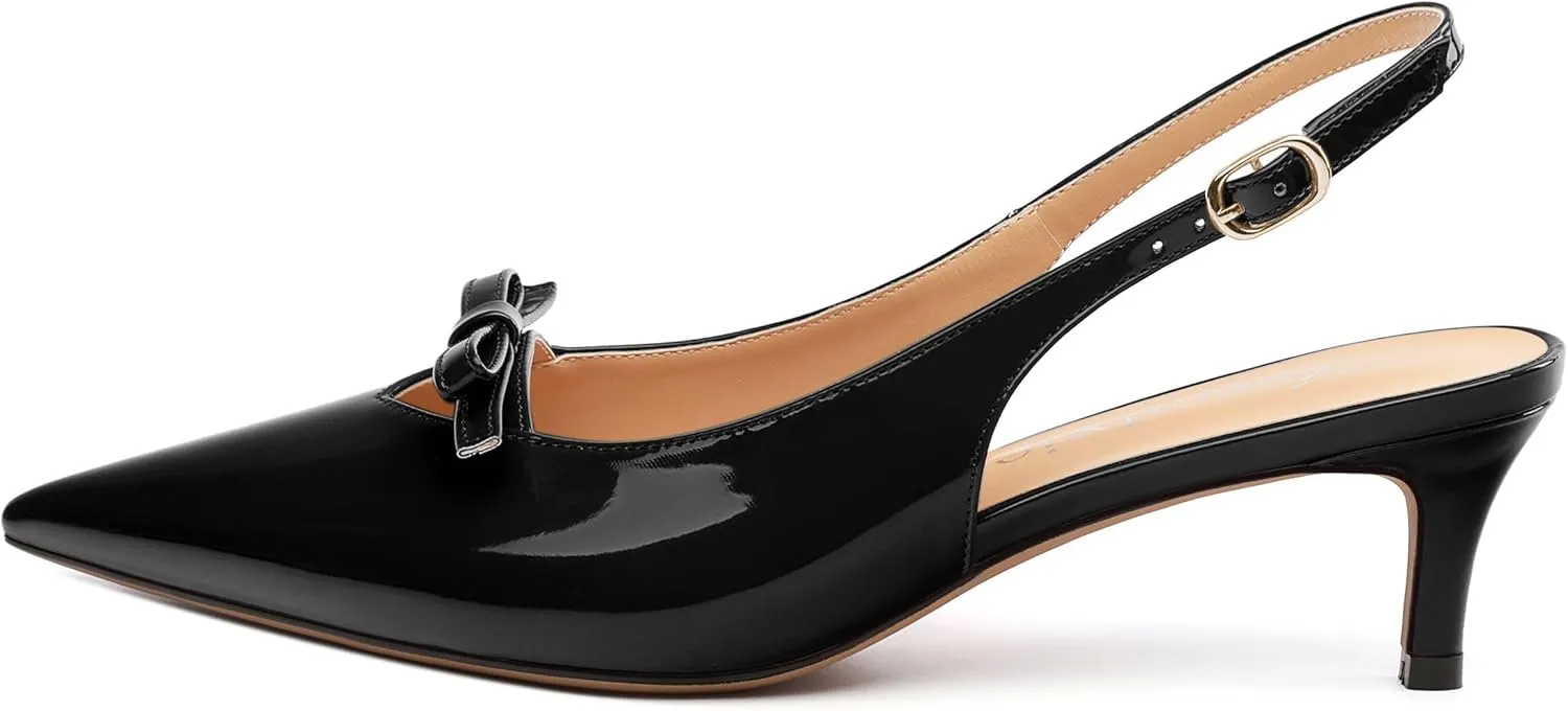 Kitten Heels for Women with Bow, Womens Slingback Low Heels, Closed Pointed Toe Patent Pumps Shoes for Dress Work Office Casual 2 Inch