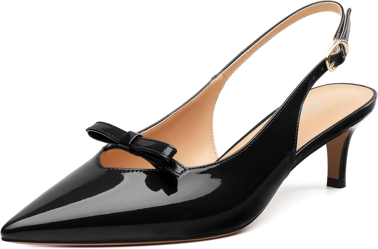 Kitten Heels for Women with Bow, Womens Slingback Low Heels, Closed Pointed Toe Patent Pumps Shoes for Dress Work Office Casual 2 Inch