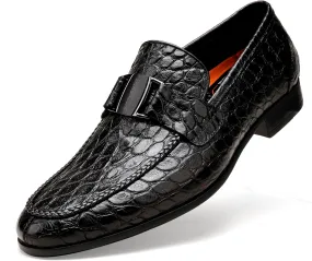 Mens Leather Penny Loafers, Classic Crocodile Printed Business Dress Shoes with Metal Buckle Slip on Penny Shoes for Mens