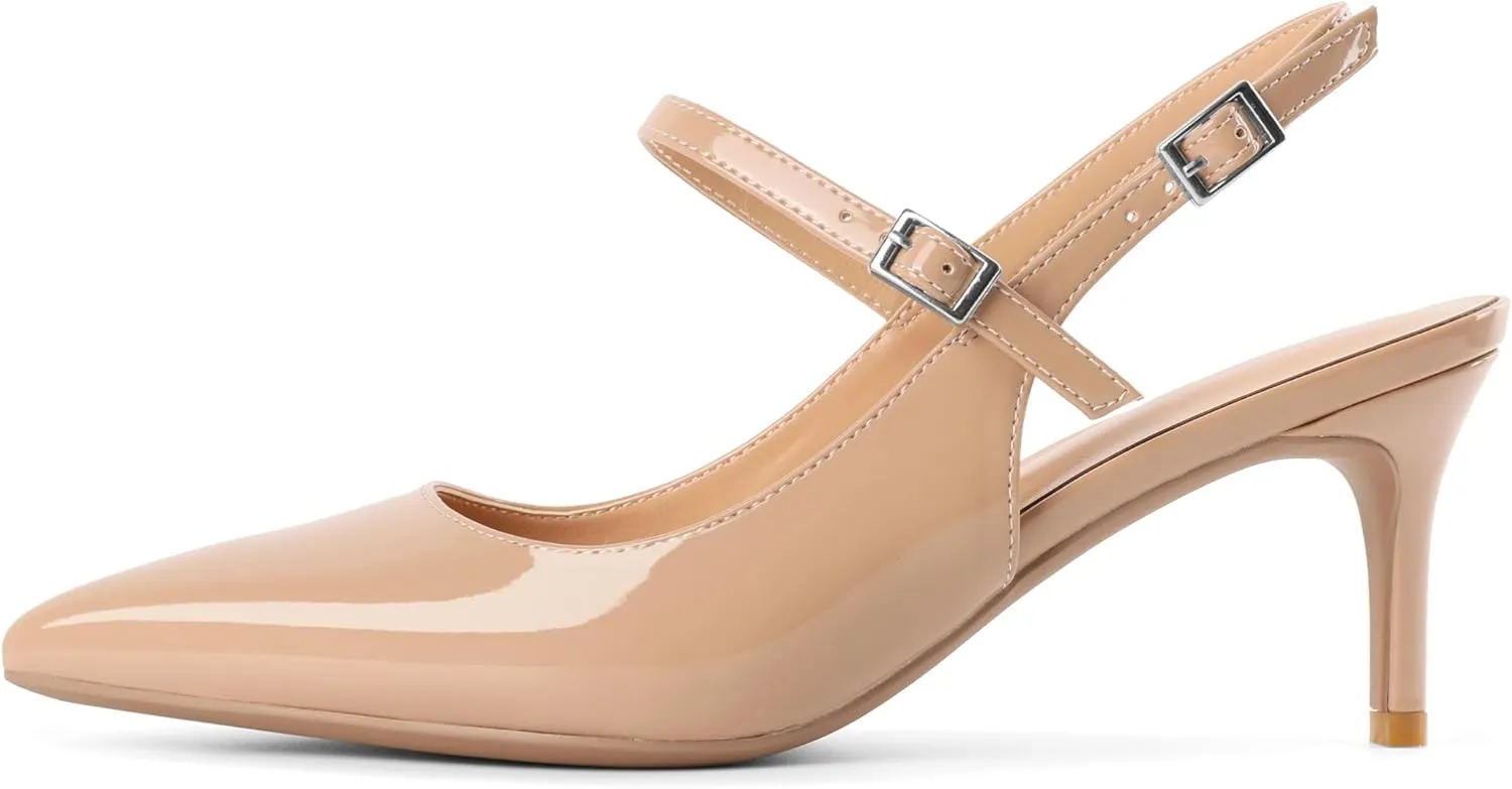 Mettesally Women's Slingback Kitten Heels Pointed Toe Heeled Pumps Ankle Strap Mary Jane Sandals Wedding Party Dressy Shoes