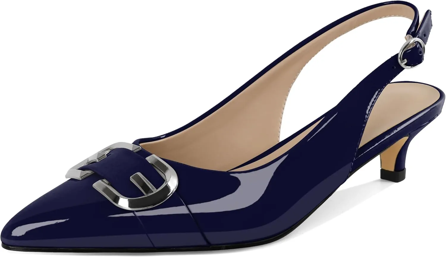 Navy Heels for Women Slingback Heels Kitten Heel Pumps with Mental Buckle Pointey Toe Heels Comfortable Casual Pumps Patent Leather US Size 9