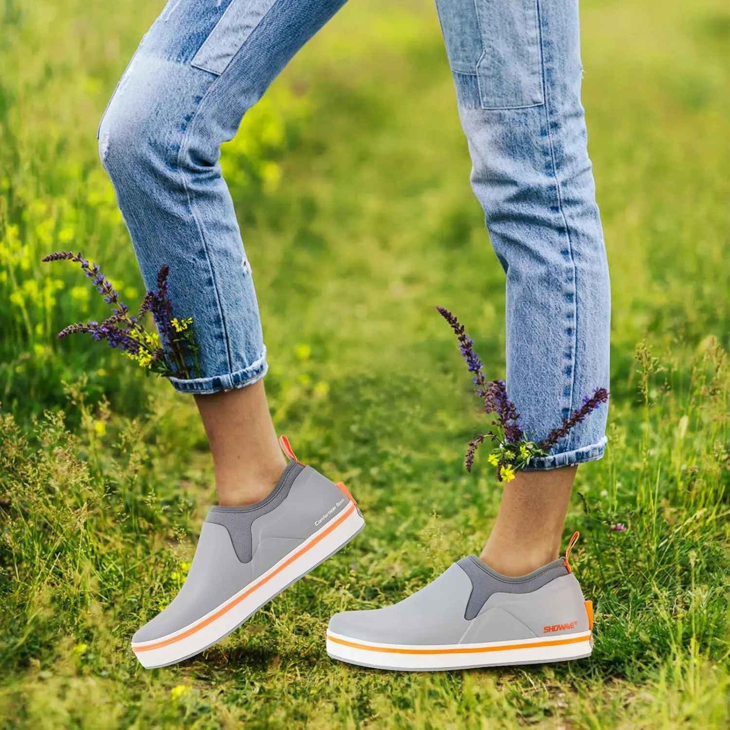 Showave Deck Shoes for Women Waterproof Garden Shoes Slip-on Rain Shoes Breathable Ruber Mud Shoes for Outdoor Fishing Walking Gardening Walking