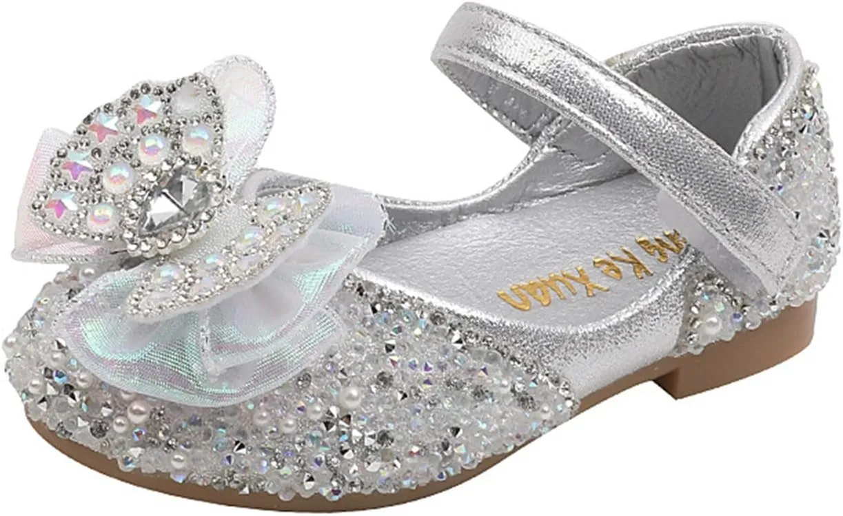 Toddler Girls Mary Jane Ballet Flats Dress Shoes Rhinestones Bows Flower Girl School Party Wedding Sandals