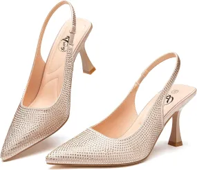 Trary Slingback Heels for Women - Pointed Toe Pumps, Comfortable & Stylish for Parties & Work - 3.2inch High Heels, Rhinestone & Glitter Dressy Shoes
