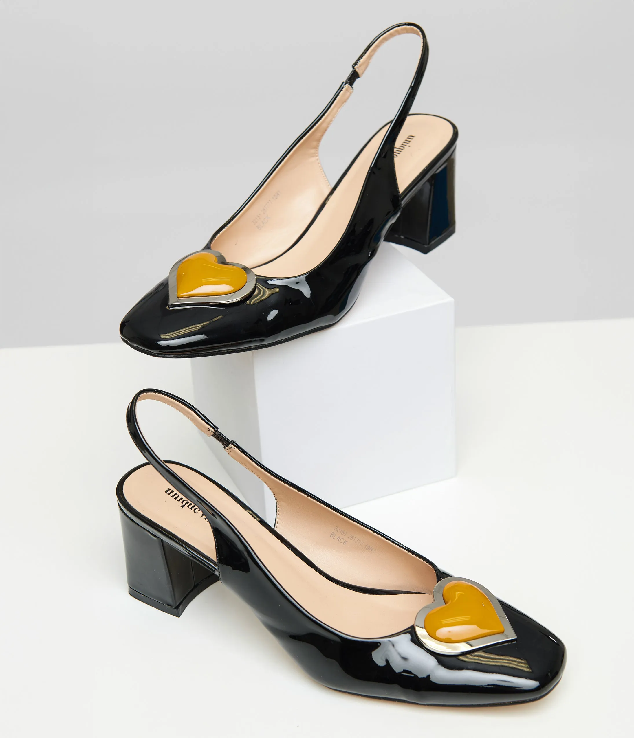 Unique Vintage Black & Orange Heart Leatherette Slingback Heels