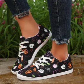 Womens Halloween Pumpkin Sneakers Print Canvas Shoes Halloween Decorations Slip On Loafers Low Top Casual Shoes Canvas Sneaekers Flat Tennis Comfortable Walking Shoes