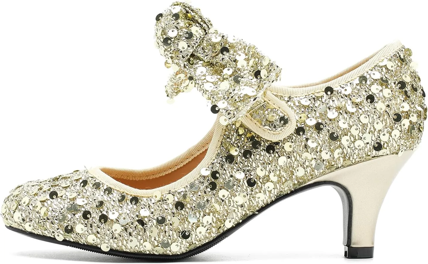 Womens Sequin Low Kitten Heels with Bow Mary Jane Dress Shoes Comfortable Vintage Dance Wedding Pumps