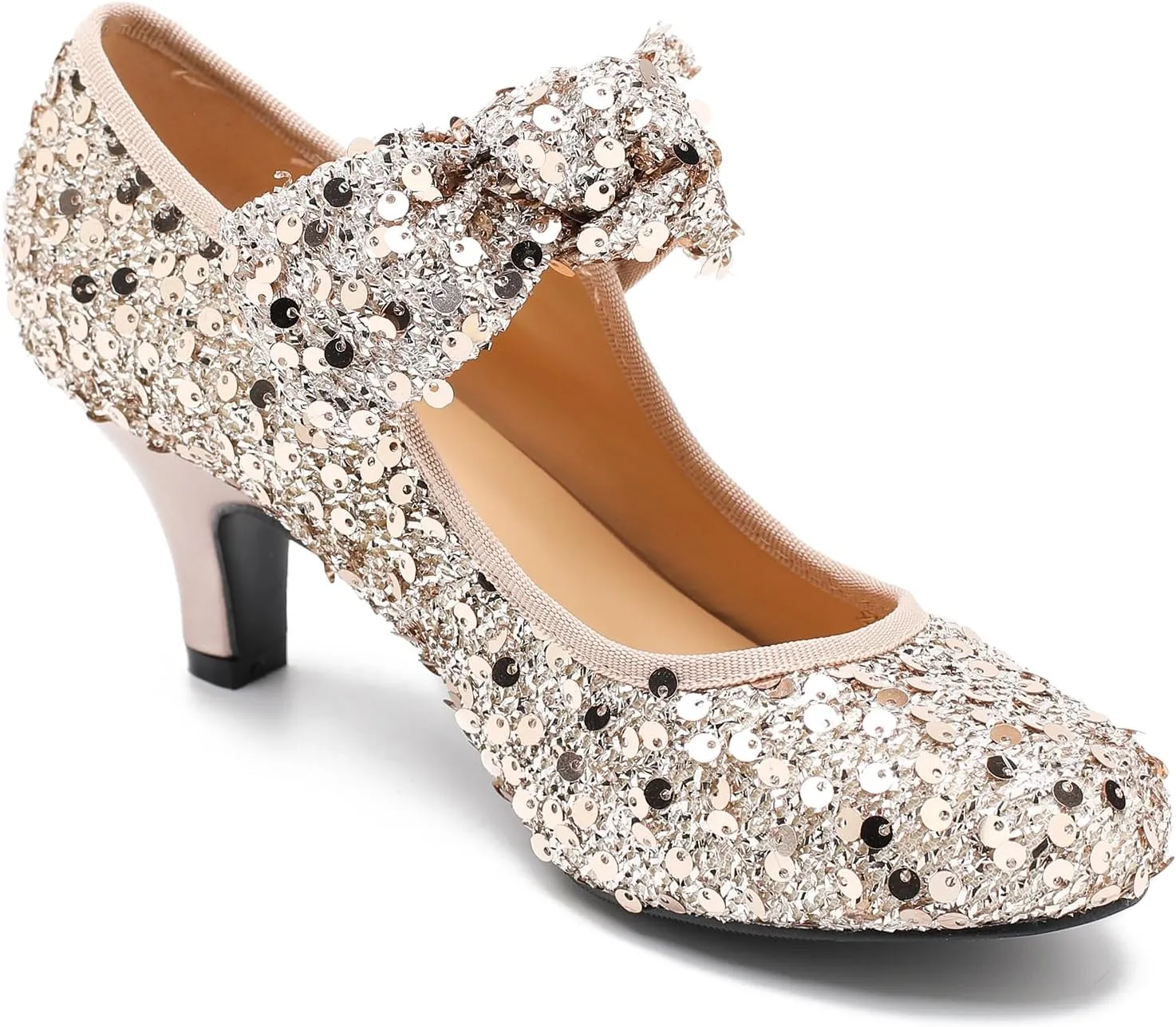 Womens Sequin Low Kitten Heels with Bow Mary Jane Dress Shoes Comfortable Vintage Dance Wedding Pumps