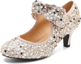 Womens Sequin Low Kitten Heels with Bow Mary Jane Dress Shoes Comfortable Vintage Dance Wedding Pumps