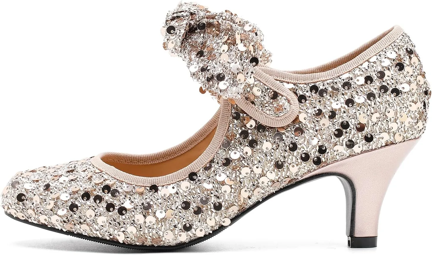 Womens Sequin Low Kitten Heels with Bow Mary Jane Dress Shoes Comfortable Vintage Dance Wedding Pumps