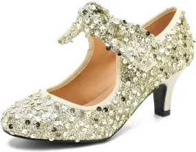 Womens Sequin Low Kitten Heels with Bow Mary Jane Dress Shoes Comfortable Vintage Dance Wedding Pumps