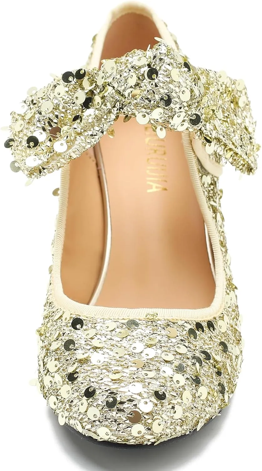 Womens Sequin Low Kitten Heels with Bow Mary Jane Dress Shoes Comfortable Vintage Dance Wedding Pumps