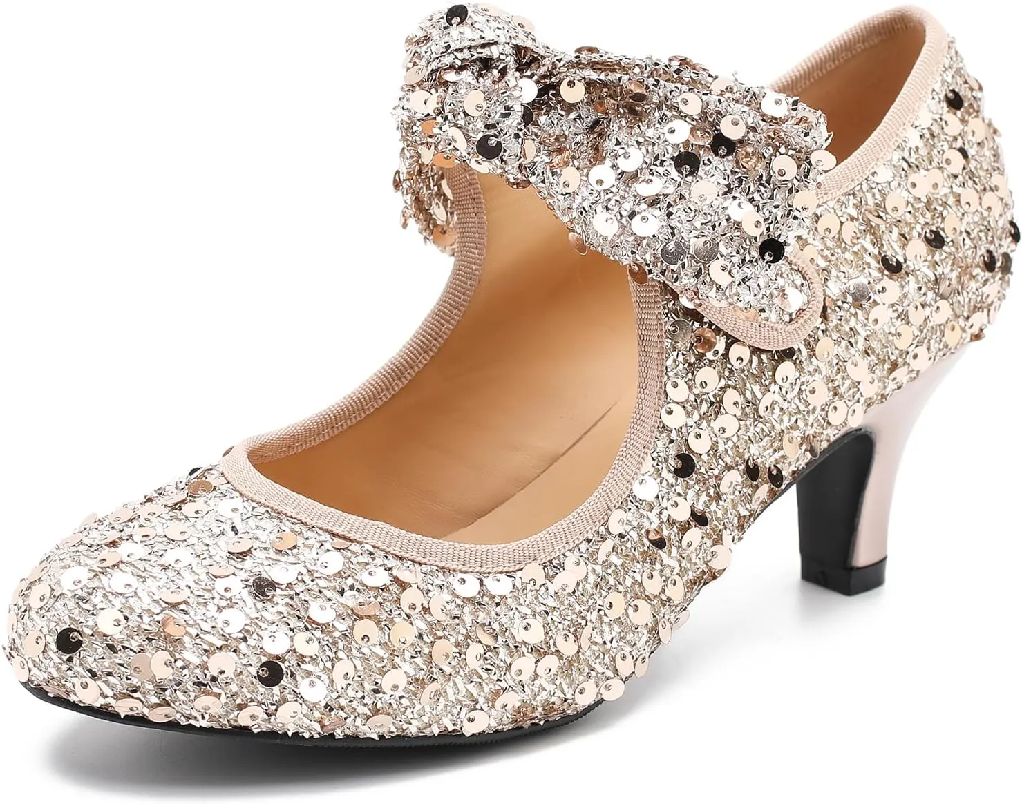 Womens Sequin Low Kitten Heels with Bow Mary Jane Dress Shoes Comfortable Vintage Dance Wedding Pumps