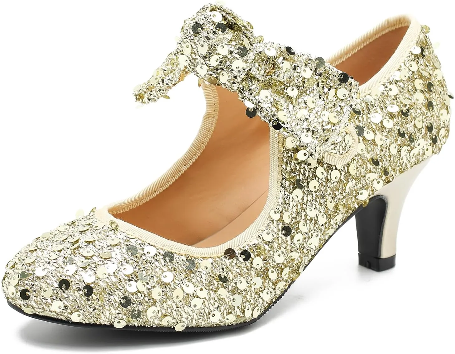 Womens Sequin Low Kitten Heels with Bow Mary Jane Dress Shoes Comfortable Vintage Dance Wedding Pumps