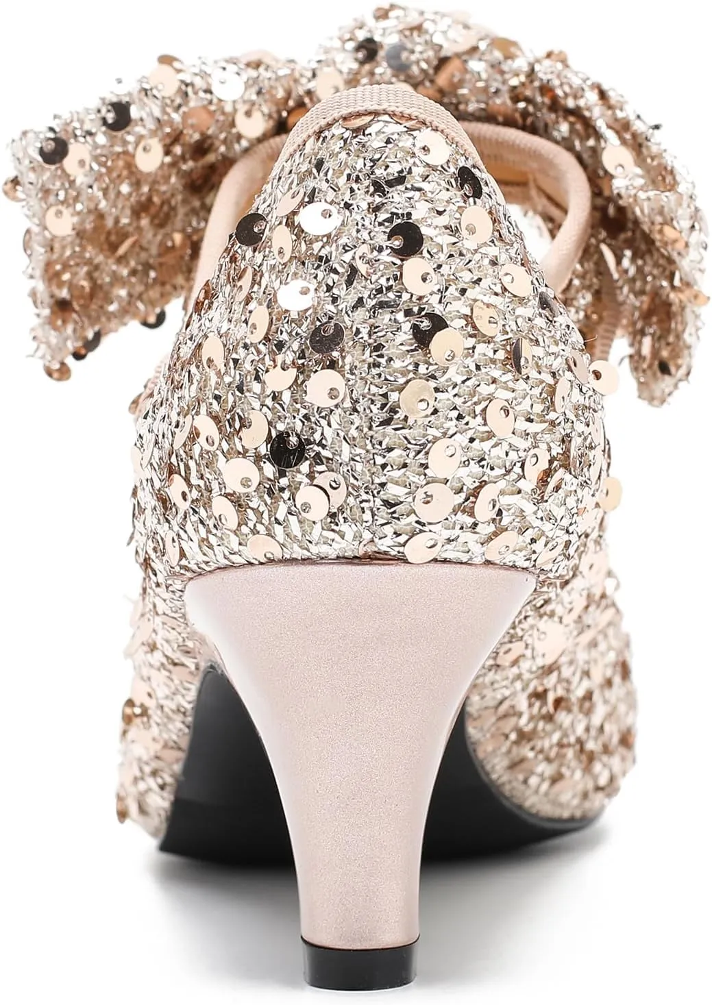 Womens Sequin Low Kitten Heels with Bow Mary Jane Dress Shoes Comfortable Vintage Dance Wedding Pumps