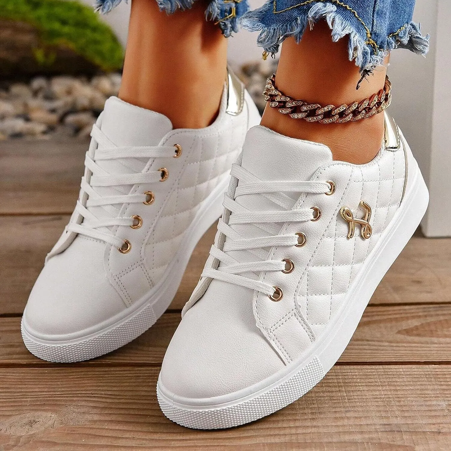 Women's Sneakers 2025 Fashion Round Toe Comfortable Lace Up Metal Decor Flats Breathable Padded Insole Low-Top Classic Platform Orthopedic Slip on Soft Tennis Shoes for Running Walking Sports