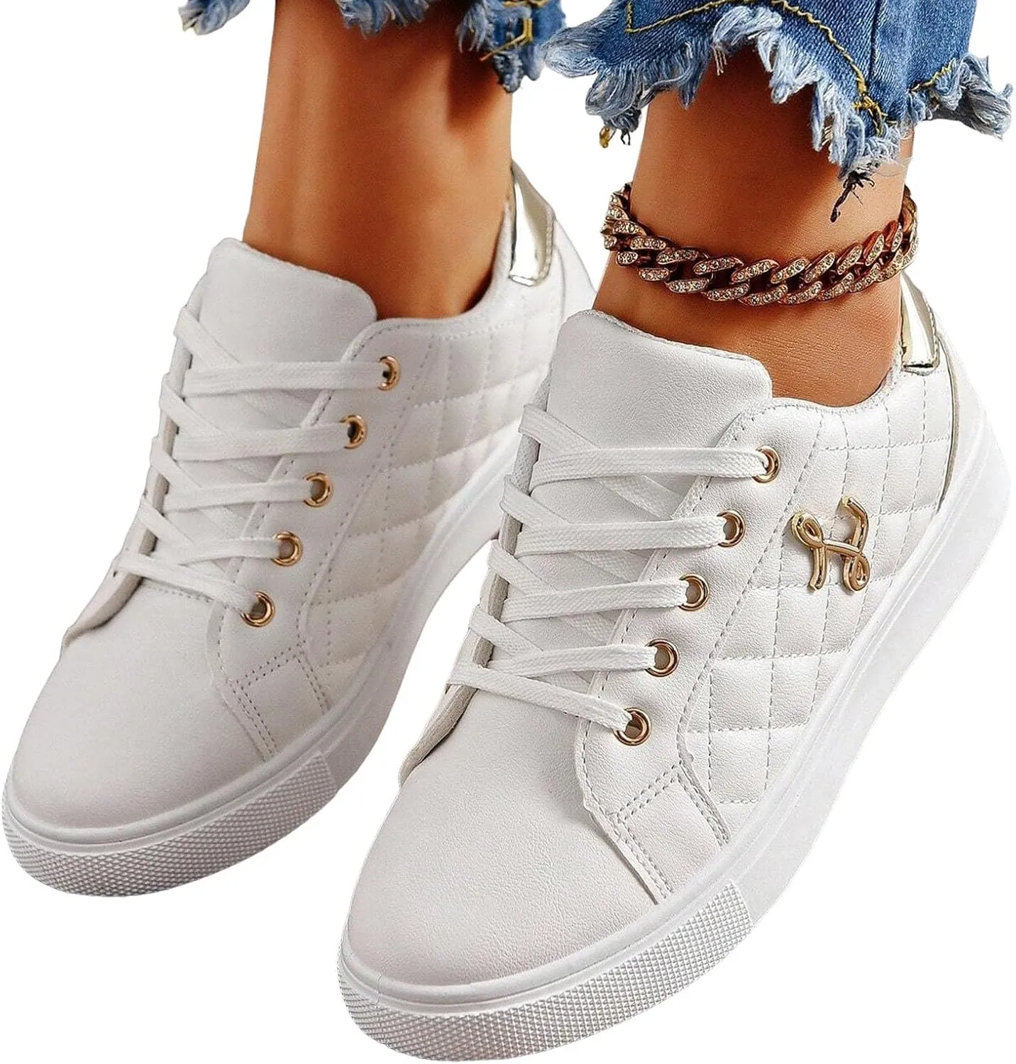 Women's Sneakers 2025 Fashion Round Toe Comfortable Lace Up Metal Decor Flats Breathable Padded Insole Low-Top Classic Platform Orthopedic Slip on Soft Tennis Shoes for Running Walking Sports