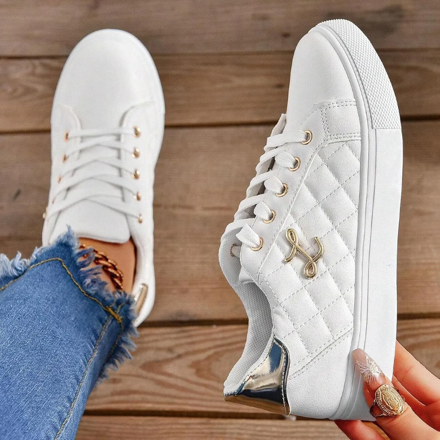 Women's Sneakers 2025 Fashion Round Toe Comfortable Lace Up Metal Decor Flats Breathable Padded Insole Low-Top Classic Platform Orthopedic Slip on Soft Tennis Shoes for Running Walking Sports