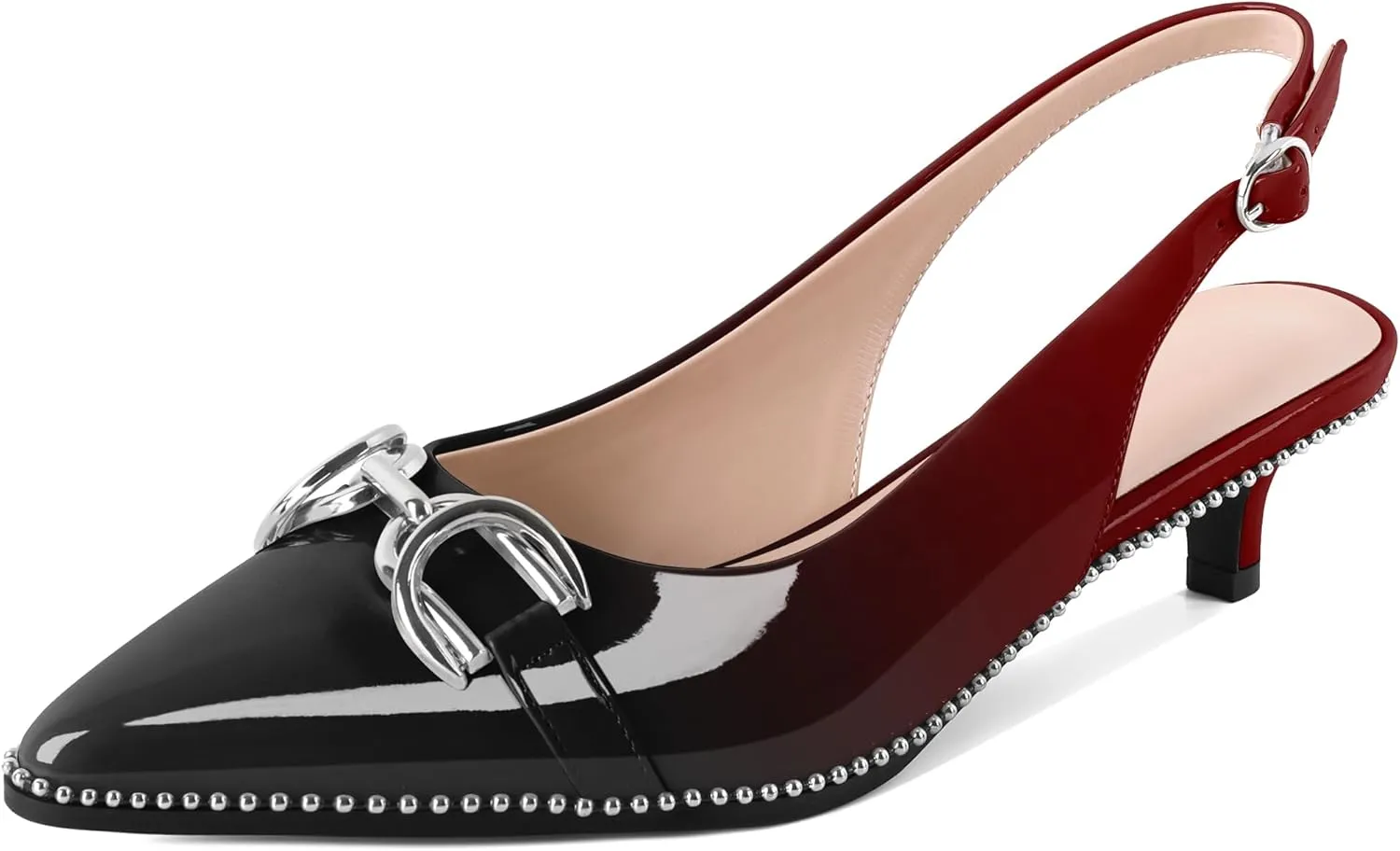 YODEKS Women's Slingback Kitten Heels Pointed Toe Low Heel Beaded Pumps 1.5 Inch Metal Buckle Shoes Size 5-13